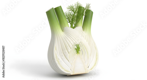 Fresh fennel bulb cut in half, showing white crisp layers and green fronds, isolated on white background