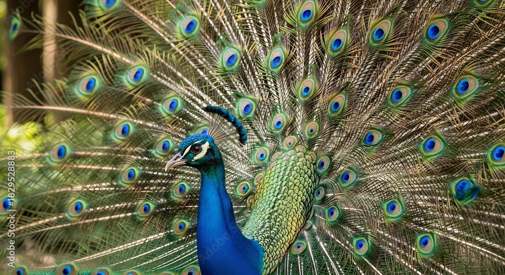 Obraz premium A male peacock displays its vibrant blue and green plumage