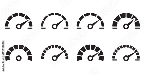 Set of twelve black and white speedometers or gauge icons white