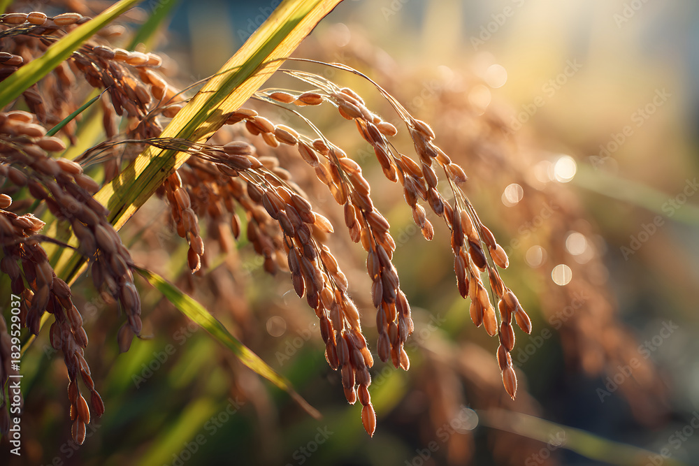 Naklejka premium Golden Rice Grains Bathed in Warm Sunlight
