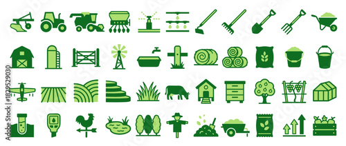 Agriculture and farming solid icon set. containing tractor, barn, windmill, crop, livestock, greenhouse, irrigation, and more. Vector collection
