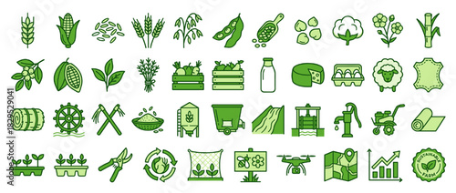 Agriculture solid icon set. containing wheat, corn, soybean, pea, cotton, leaf, vegetable, milk, cheese, egg, sheep and more. Vector collection