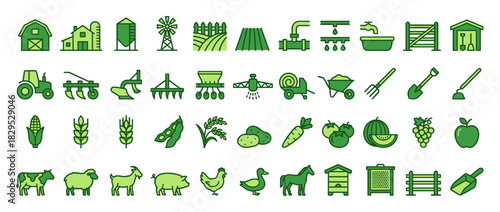 Farming and agriculture solid icon set. containing barn, tractor, windmill, crops, shovel, watering can, livestock, fence, produce, and more. Vector collection