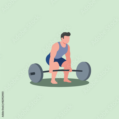 An illustration depicts a weightlifter preparing to lift a barbell, captured in a flat, simplified style against a light green backdrop.