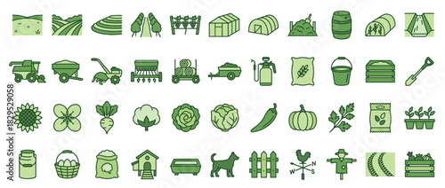 Agriculture and farming solid icon set. containing greenhouse, field, tractor, barn, irrigation, seed, crop, shovel and more. Vector collection