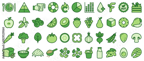 Food and nutrition solid icon set. includes fruit, vegetable, pyramid, grain, dairy, protein, leaf, bottle, bread, spice. Vector collection