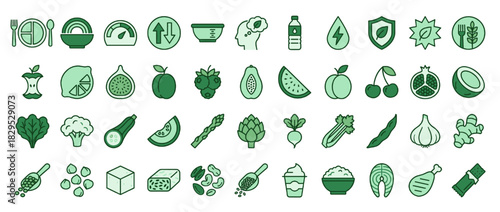 Food and nutrition solid icon set. containing apple, lime, fish, bottle, pear, bowl, lightning, shield, lettuce, broccoli Vector collection