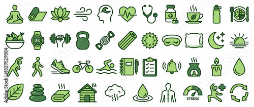 Health and wellness solid icon set. containing yoga, meditation, heart, fitness, nutrition, sleep, stress, and more. Vector collection