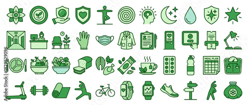 Health and wellness solid icon set. featuring yoga, nutrition, mask, exercise, cycling, heart, meditation, scale, salad and more. Vector collection