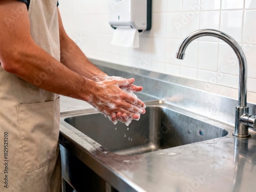 Person washing hands with soap foam at stainless steel sink for hygiene.