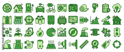 Renewable energy and conservation solid icon set. containing solar, wind, battery, recycling, electric, efficiency, green and more. Vector collection