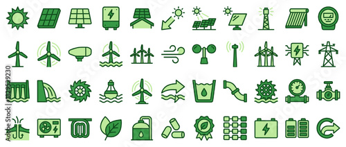 Renewable energy solid icon set. containing solar, wind, hydro, battery, power, turbine, efficiency, green, and more. Vector collection