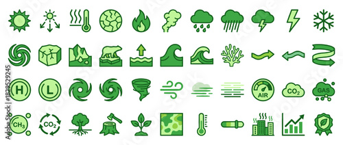 Weather and environment solid icon set. containing sun, thermometer, fire, rain, wind, snowflake, tornado, pollution and more. Vector collection