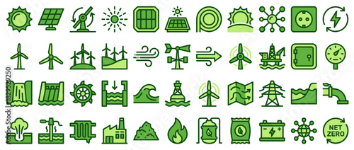 Renewable energy solid icon set. containing solar, wind, hydro, biomass, geothermal, power plant, recycling, eco, and more. Vector collection