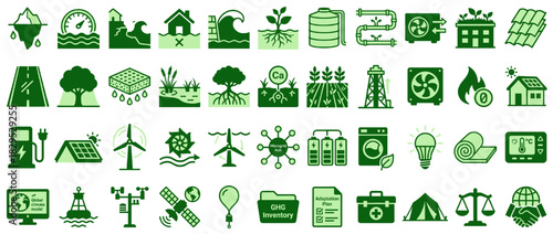 Environmental and energy solid icon set. includes renewable energy, sustainability, recycling, solar, wind, recycling, eco-house, greenhouse gas, conservation Vector collection