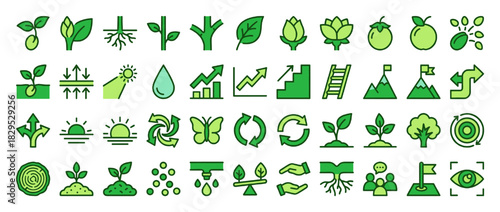 Environmental and nature solid icon set. including leaf, tree, plant, flower, growth, water, sun, mountain, recycle, and more. Vector collection