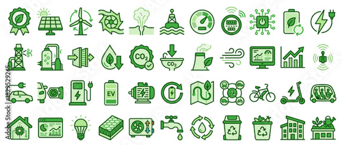 Eco and sustainability solid icon set. containing renewable, solar, wind, recycling, energy, co2, electric, eco-friendly, and more. Vector collection