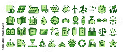 Renewable energy solid icon set. containing solar panels, wind turbines, hydrogen, recycling, energy storage, power plant, and more. Vector collection