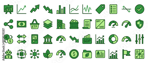 Finance and business solid icon set. containing chart, graph, data, payment, strategy, banking, trade, growth, fund, shield, and more. Vector collection