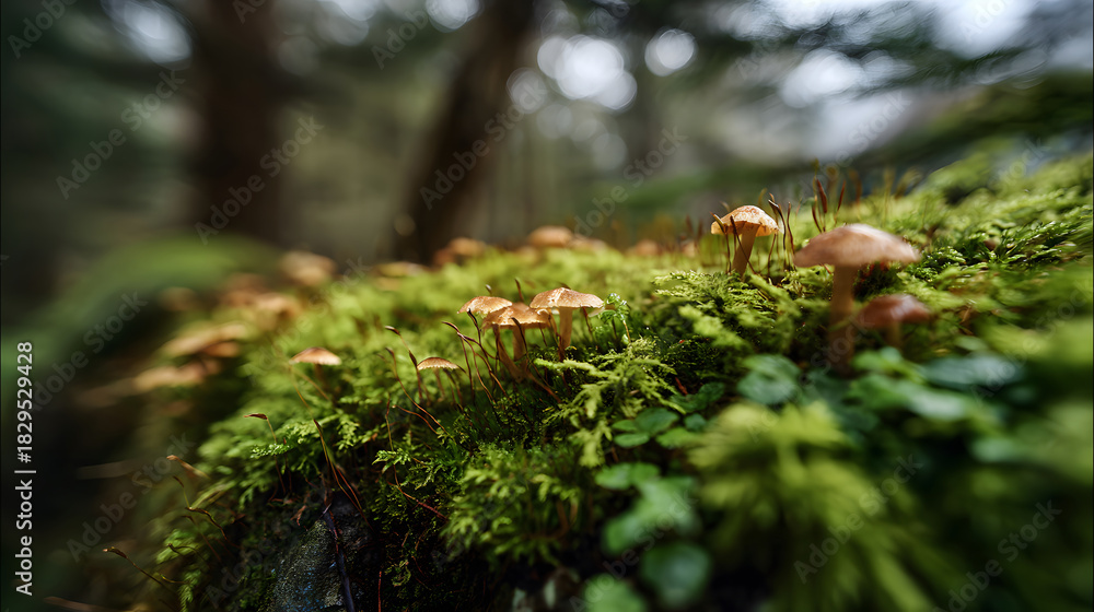 Obraz premium Tiny Mushrooms on Moss in a Misty Forest