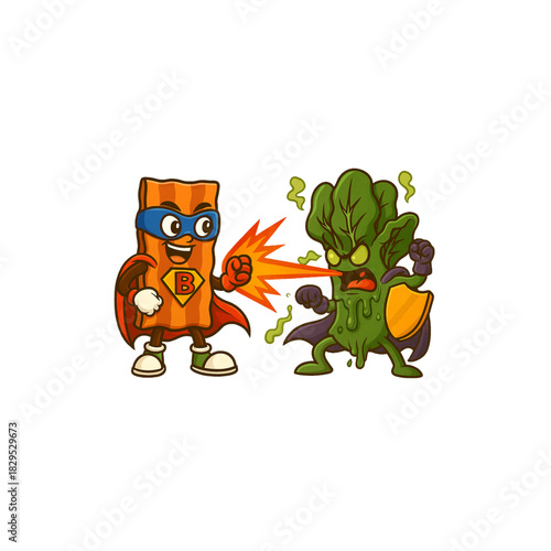 Food Fight Showdown: A bacon superhero fearlessly faces off against a broccoli villain in a colorful, dynamic illustration, highlighting the eternal battle between deliciousness and health. 