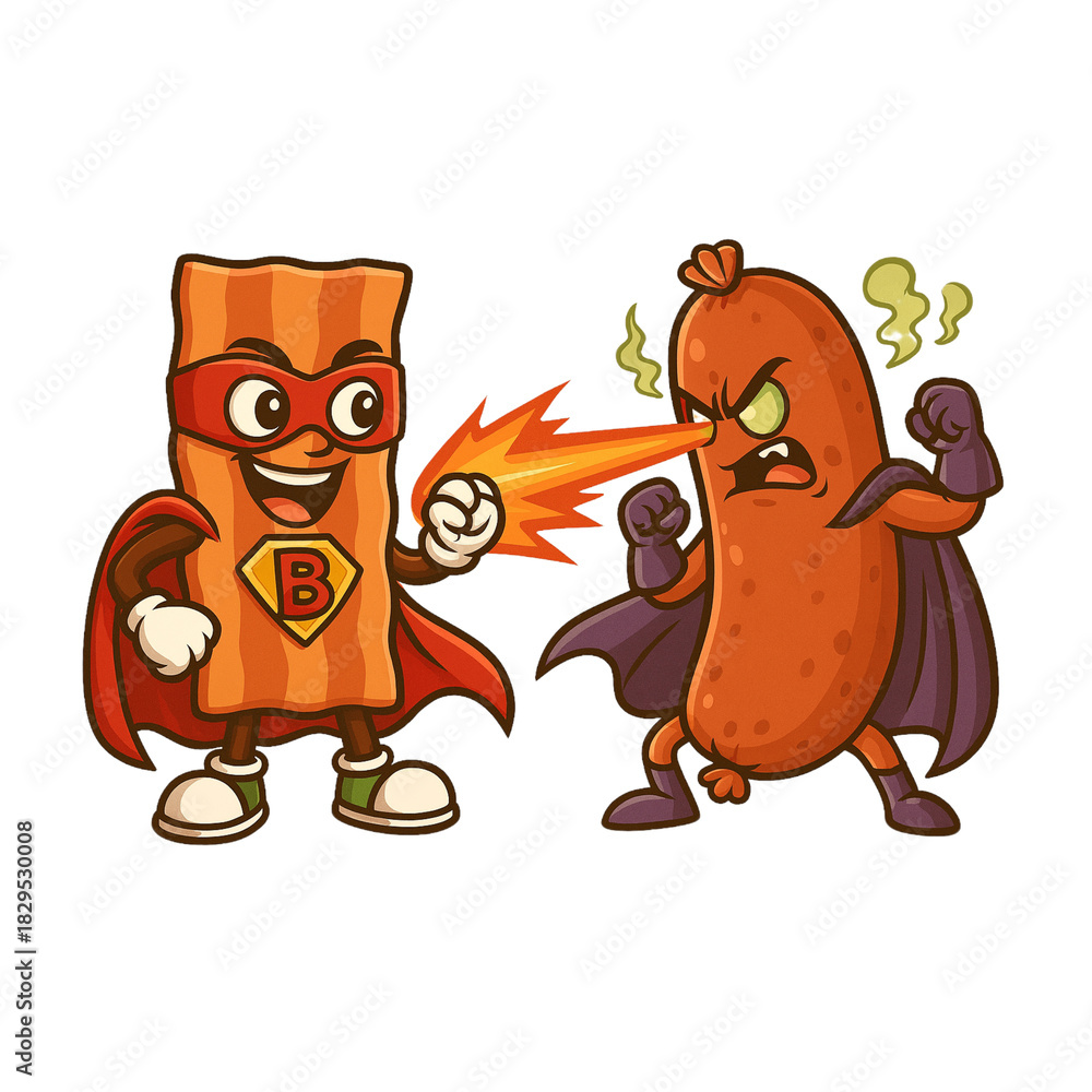 Fototapeta premium Bacon Hero vs. Sausage Villain: A bold illustration depicts a playful battle between a heroic bacon character and a villainous sausage. The bacon hero, with a cape and mask, fires a beam of energy.