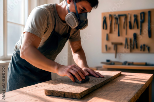 Carpenter wearing a safety respirator sanding a wooden board in a workshop.