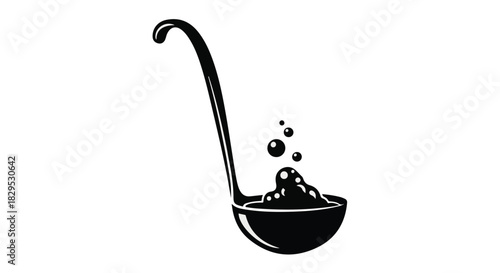 Elegant ladle scooping bubbling dark liquid, symbolizing culinary creation and mystery.