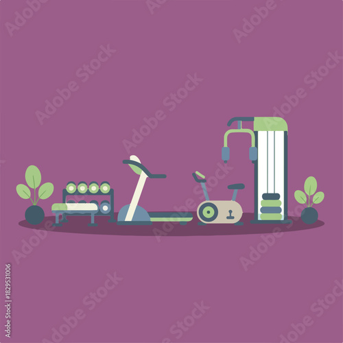 Illustration of a gym with fitness equipment including a treadmill, stationary bike, weight rack and machine with plants on either side, set on a purple background.