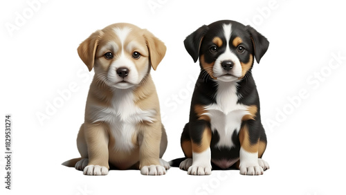 Two adorable puppies sitting side by side with different coat colors against a black background