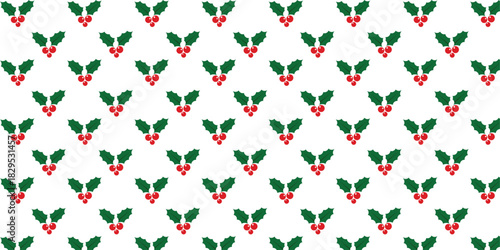 Seamless festive pattern with simple green holly leaves and bright red berries on a clean white background, ideal for Christmas wrapping paper, textiles, gift packaging, greeting cards and seasonal de
