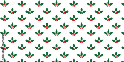 Seamless festive pattern with simple green holly leaves and bright red berries on a clean white background, ideal for Christmas wrapping paper, textiles, gift packaging, greeting cards and seasonal de