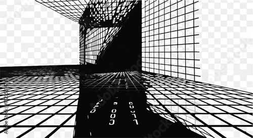 Abstract futuristic digital grid architecture with dark reflections and perspective lines