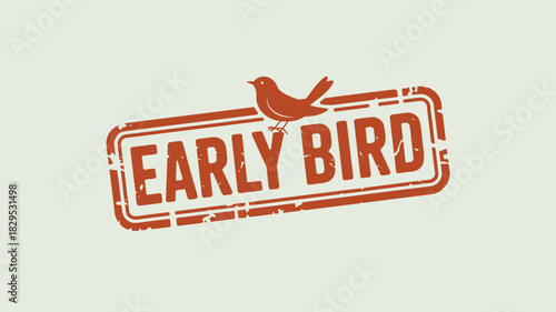 An illustration of an early bird stamp with a bird perched on top in a vintage style design look