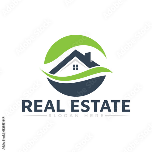 Modern real estate logo design featuring a stylized house silhouette within a circular shape with vibrant green accents, isolated on white background