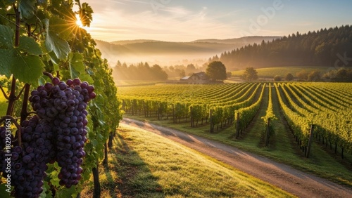 Sunrise casts golden light on vineyard rows, promising a bountiful grape harvest and the beauty of