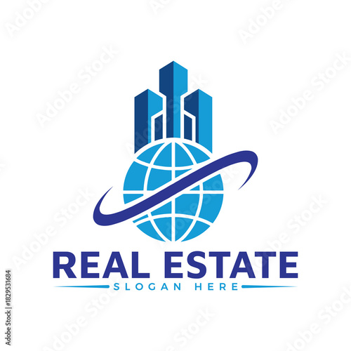 Blue real estate logo design featuring modern building silhouette above a globe with swoosh, isolated on white background