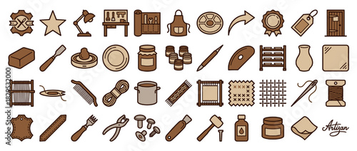 Crafting and artisan tools solid icon set. containing scissors, threads, needle, jar, pottery, paintbrush, loom, rack, and more. Vector collection