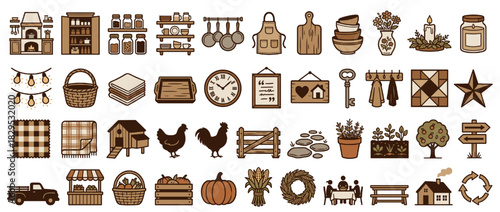 Farmhouse kitchen and lifestyle solid icon set. includes jars, utensils, apron, candle, basket, tools, and more. Vector collection