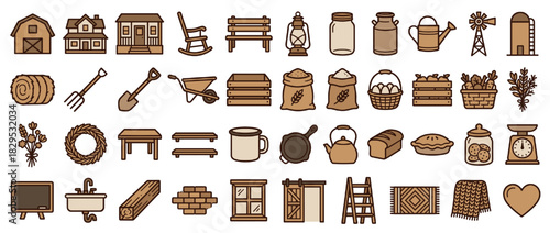 Farmhouse and gardening solid icon set. including barn, house, rocking chair, bench, lantern, jar, windmill, and more. Vector collection