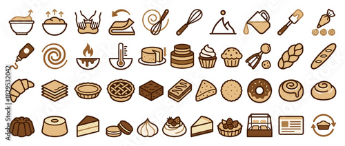 Baking and pastry solid icon set. containing bowl, dough, rolling pin, whisk, cake, cupcake, bread, croissant, pie and more. Vector collection