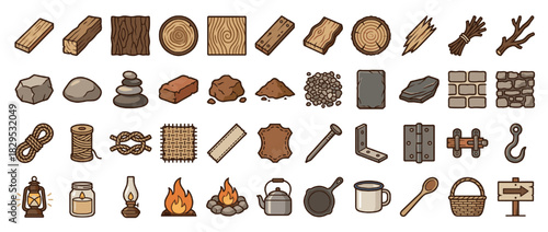 Crafting materials solid icon set. containing wood, stone, brick, rope, metal, plank, stick, hook, basket, fire, and more. Vector collection