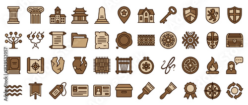 Culture and history solid icon set. containing column, temple, document, mask, shield, key, scroll, pottery, compass, and more. Vector collection