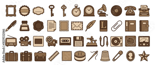 Vintage office solid icon set. containing typewriter, telephone, gramophone, stopwatch, key, inkwell, seal, letter, notebook, radio, suitcase. Vector collection