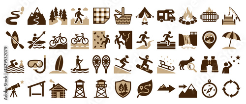 Outdoor adventure solid icon set. containing hiking, camping, picnic, kayaking, cycling, skiing, snowboarding and more. Vector collection