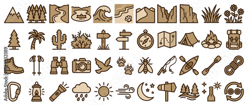 Outdoor and adventure solid icon set. containing mountain, forest, camping, hiking, kayaking, climbing, map, and more. Vector collection