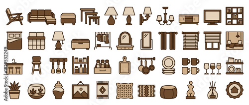Home decor and furniture solid icon set. featuring sofa, bed, lamp, chair, table, bookshelf, wardrobe, curtains, dishes, and more. Vector collection