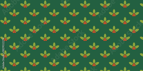 Seamless festive pattern featuring bright green holly leaves with vivid red berries on a deep green background, perfect for Christmas wrapping paper, textiles, gift packaging, greeting cards and seaso