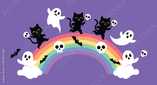Playful Halloween scene with black cats, spooky ghosts, and bats frolicking on a vibrant rainbow against a purple sky.