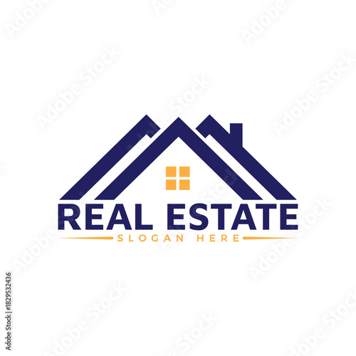 Modern blue and yellow real estate logo design featuring a stylized house roof icon with text and slogan placeholder, isolated on white background
